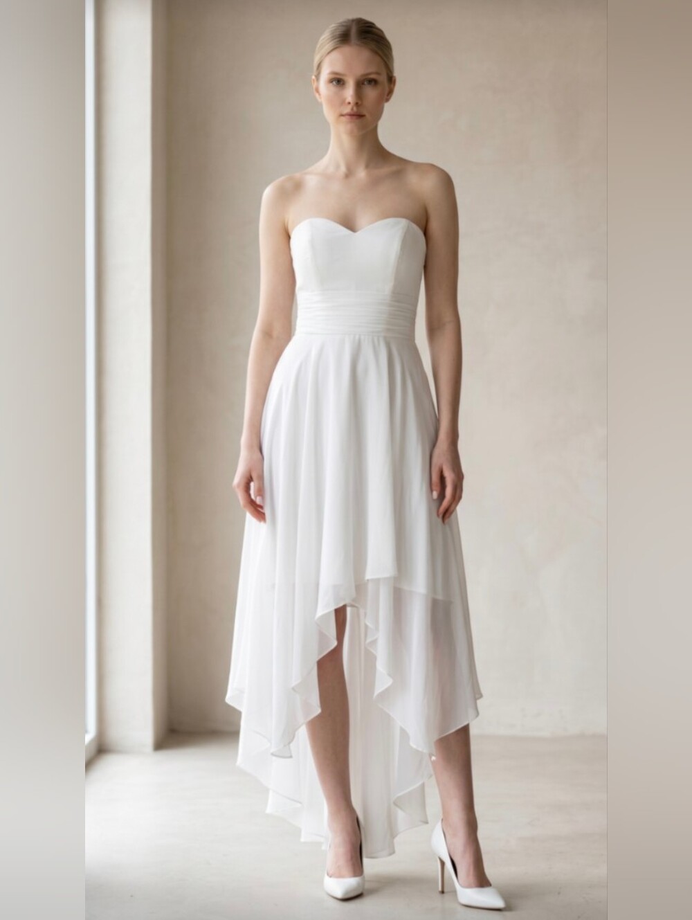 NWT! STUNNING PURE WHITE CHIFFON STRAPLESS GOWN! WEDDING, PROM! SZ XS
